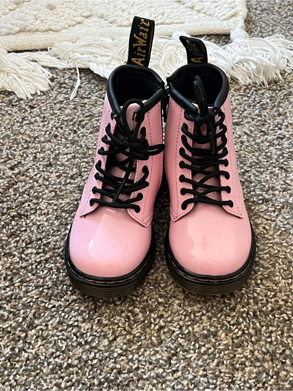 Dr. Martens Pink Patent Kids Lace-Up Boots with Black Trim